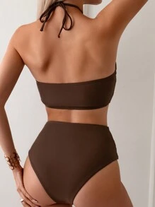 SHEIN Swim Bộ bikini hai dây cổ màu trơn dành cho nữ đi biển mùa hè Tiệc cưới - Cà phê nâu - Xem 2