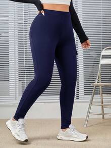 SHEIN EZwear Kích thước lớn Của phụ nữ Dệt kim Giải trí Dài Xà cạp - Màu xanh hải quân - Xem 3