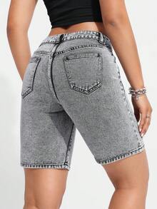 SHEIN EZwear Của phụ nữ Thon gọn Quần short Denim Với Nghiêng Túi - Xám - Xem 2