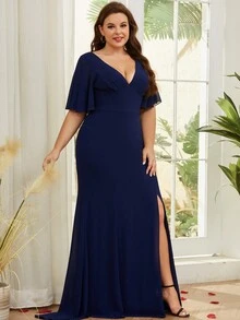 Plus Size Women Deep V-Neck Split Hem Solid Formal Dress, Suitable For Mother Of The Bride - Navy Blue - View 6