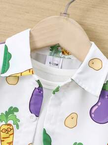 2pcs/Set Baby Boys' Cute Vegetable Print Short Sleeve Top And Shorts Set For Daily Wear In Summer