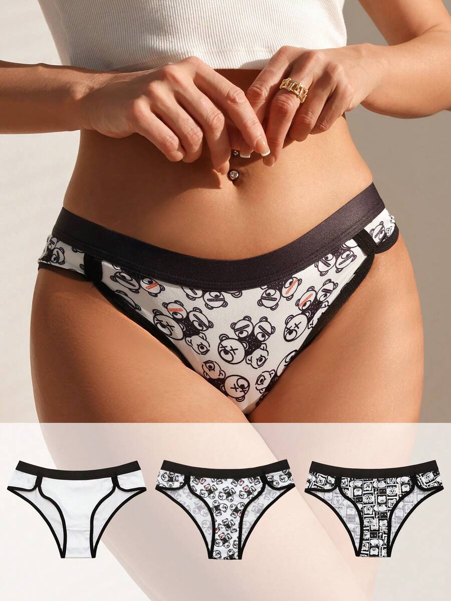 SHEIN 3 cái/bộ Của phụ nữ Gấu Hoạt hình In Tam giác Quần lót không đường may - Nhiều màu - Xem 1