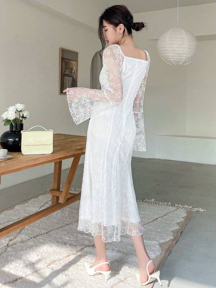Vestido Sereia com Manga Flare de Renda, Bainha Longa, Vestido Longo de Manga Longa para Outono