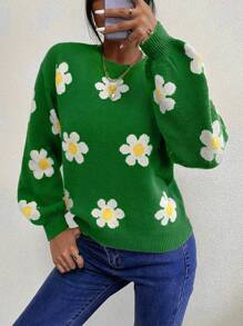 SHEIN Essnce Floral Pattern Drop Shoulder Knit Pullover Fall Winter Sweater - Green - View 6