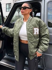 EURMUSE Thư được vá Sọc trang trí Thả vai Áo khoác Quilted - màu xanh lá - Xem 4