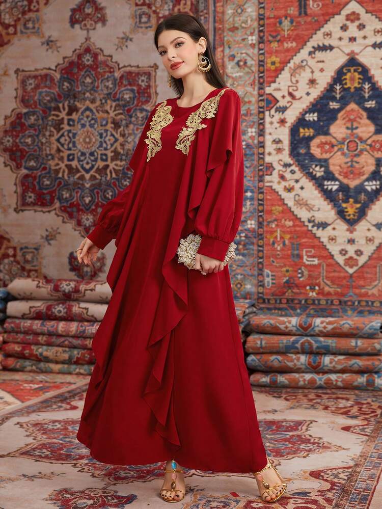 Burgundy Red Women's Floral Decor Lantern Sleeve Modest Full Length Arabian Style Jalabiya Dress