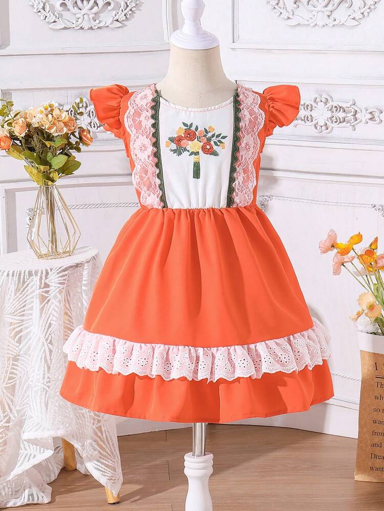 Young Girl'S Color Block Floral Printed Lace Hem Dress