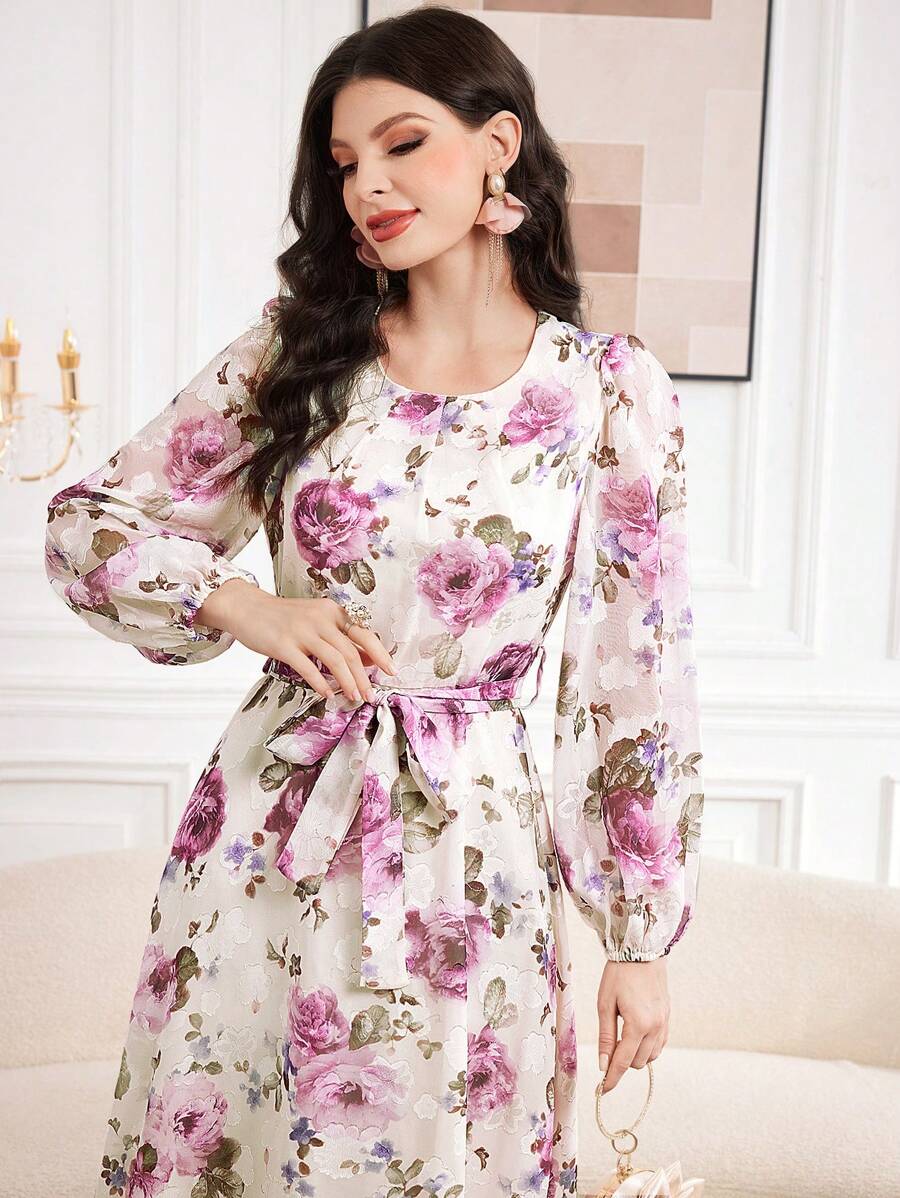 Modelyn Women's Belted Floral Print Puff Sleeve Dress