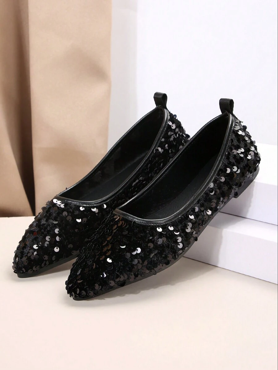 Zapatos de niña de talla 33-41, cómodos zapatos planos con suela blanda, puntera en punta y lentejuelas brillantes para adolescentes, adecuados para primavera y otoño - Negro - Ver 1