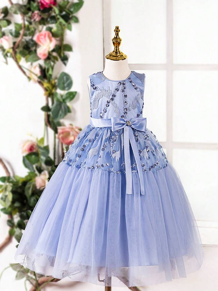 Glitter Embroidered Mesh Puff Princess Dress For Young Girls, Suitable For Birthday Parties, Evening Parties, Performances, Weddings, All Seasons