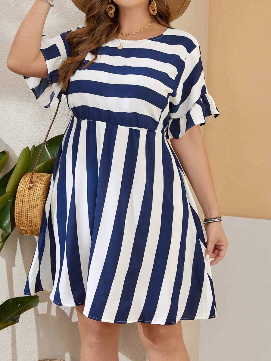 EMERY ROSE Summer Pride Outfits Striped Plus Size Off Shoulder Dress - Blue and White - View 1