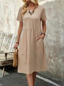 EMERY ROSE Vestido Manga Curta de Gola Redonda para Primavera Feminino com Bolsos e Estampa de Boneca - Damasco - Visão 4