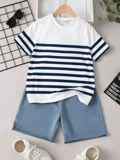 SHEIN Tween Boy's Striped Short Sleeve T-Shirt And Solid Color Shorts Set, School, Campus, College
