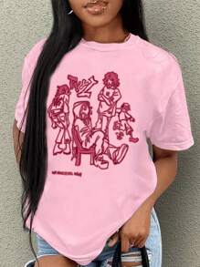 SHEIN Áo thun tay ngắn in hình chân dung cỡ lớn cho nữ Áo thun họa tiết cho nữ - Hồng - Xem 5