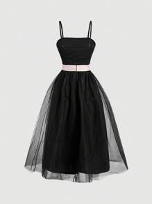 SHEIN MOD Women's Belted Sheer Cami Dress - Black - View 3