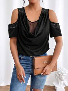 Chiquease Women's Off Shoulder Short Sleeve Blouse With Drape Neckline