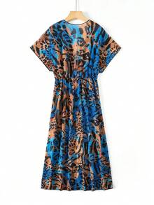 女士豹紋腰帶和服外套 - 藍色 - 查看 5