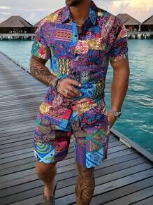 Manfinity RSRT Men'S Printed Short Sleeve Shirt And Shorts Set , Graphic , Vacation , Husband , Colorful , Casual - Purple - View 1