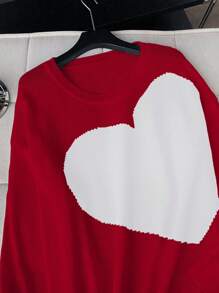 Flirla Red Round Neck Heart Plus Size Sweater - Red - View 7
