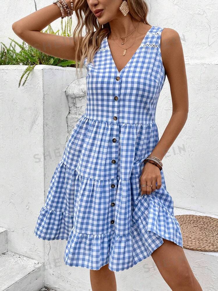 SHEIN LUNE Fresh Spring Summer Blue White Gingham Check Sleeveless V Neck Dress With Multiple Layered Ruffle Details And Middle Button Decor SHEIN EUQS