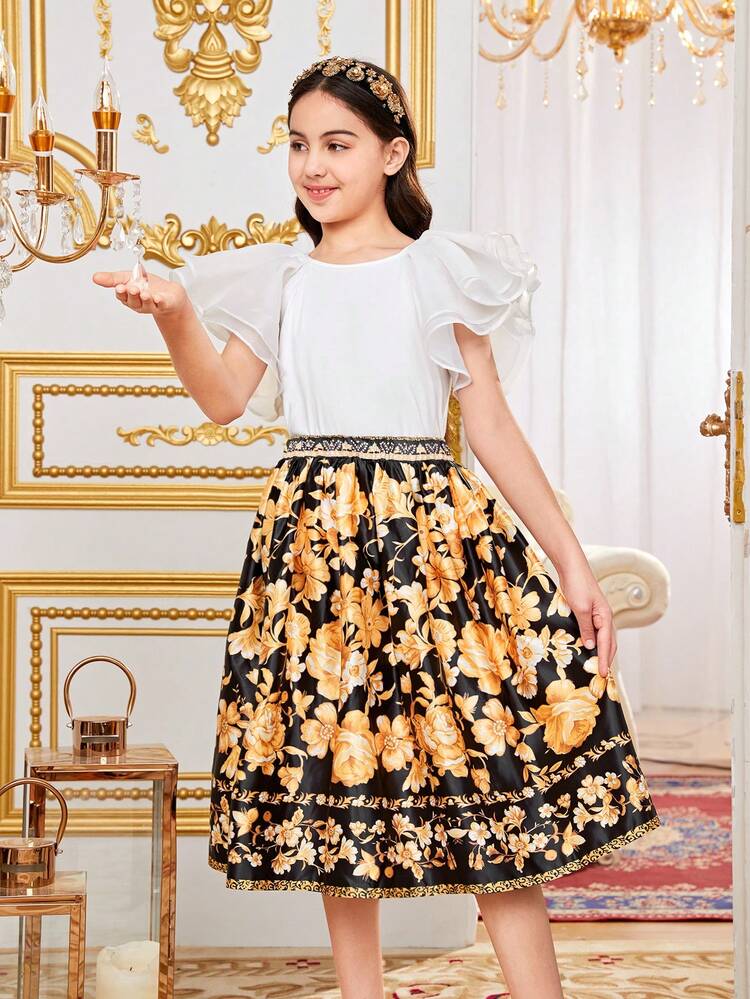 Tween Girls' Loose And Cute Round Neck Ruffle Hem T-Shirt & Flower Printed A-Line Skirt Set