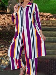 EMERY ROSE Conjunto De Duas Peças Camisa Longa E Calça De Perna Larga Listrada Vertical Colorida Para Mulheres