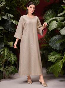 Al Najma Women's Splice V-Neck Tassel Detail Modest Long Sleeve Arabian Dress, Kaftan
