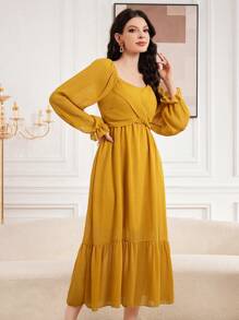 Seusyu Ladies' Cross Front Design Ruffle Sleeves Dress - Yellow - View 7