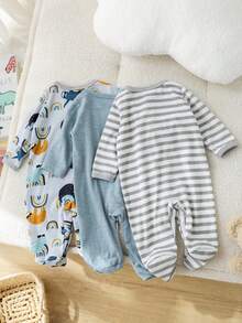 Em bé Con trai Dễ thương Đơn giản 3 miếng Bộ Của Áo liền quần Và Đồ ngủ - Nhiều màu - Xem 2