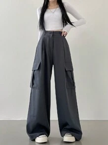 DAZY 女士純色街頭風寬鬆貨褲 - 深灰色 - 查看 7