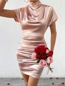 SHEIN Unity Women Dresses Diikat Ruched Zip Plain Anggun - Baby Pink - View 1