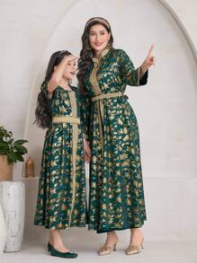 Tween Girl Metallic Gold Floral Pattern Belted Dress - Dark Green - View 8