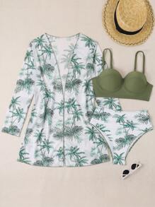 SHEIN 3pcs Solid Color Swimwear Set With Printed Briefs, Cover Up And Bralette,Summer Beach - Green - View 1
