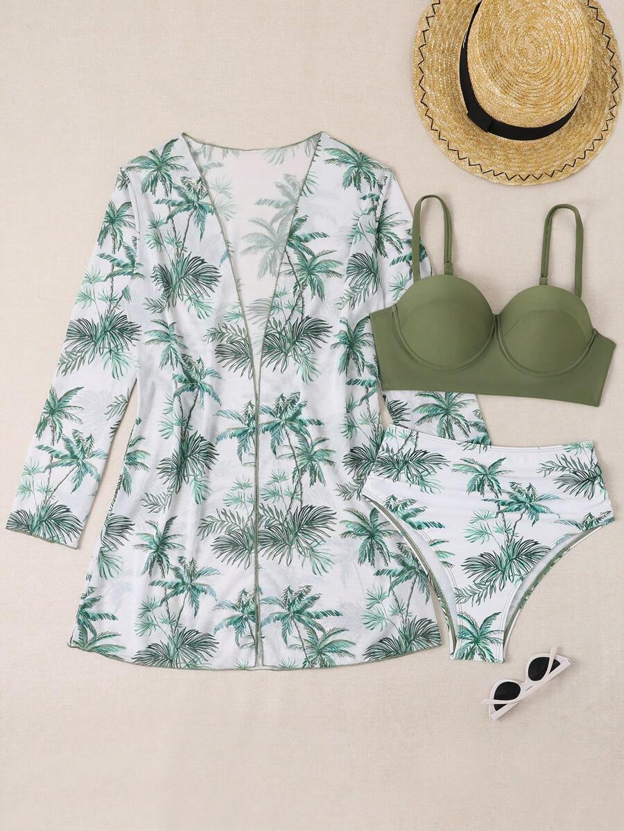 SHEIN 3pcs Solid Color Swimwear Set With Printed Briefs, Cover Up And Bralette,Summer Beach - Green - View 1