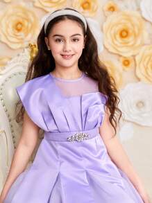 SHEIN Vestido sin mangas estilo vintage con cuello redondo y decoración de pedrería para niñas preadolescentes - Morado - Ver 4