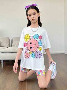 SHEIN Tween Girls' Knitted Solid Color Round Neck Loose Fit Casual T-Shirt And Shorts Co-Ord Set - White - View 5