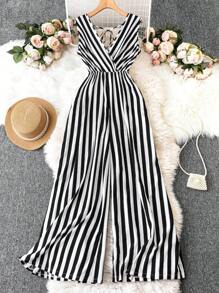 Breezaya Plus Size Striped Backless Strap Summer Boho Jumpsuit