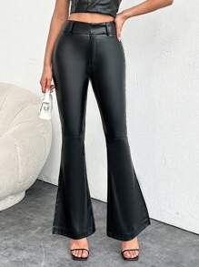 EURMUSE Ladies' Plain Casual Flared Pants - Black - View 5