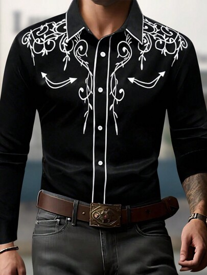 Manfinity Nomadique Camisa masculina de manga comprida com estampa gráfica engraçada, para baile de formatura, pai e eu, papai, camisas de cowboy masculinas, camisa de cowboy preta, camisas de cowboy para homens, camisa de cowboy bordada, outono