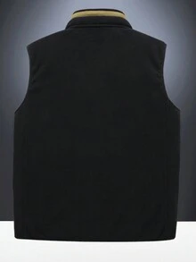 Manfinity Homme Men's Loose Fit Letter Patched Teddy Lined Vest Jacket - Black - View 2