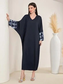 Al Najma Women's Geometric Printed V-Neck Kaftan With Patchwork Design - Navy Blue - View 4