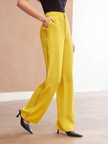 MOTF PREMIUM 高腰斜口袋斜紋西裝褲 - 黃色 - 查看 4
