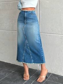EURMUSE Denim Skirt With Frayed Hem And Back Split - Medium Wash - View 4