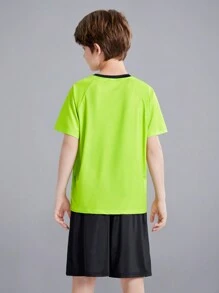 SHEIN Cậu bé Tween Lá thư In Phù hợp Thể thao Áo thun Quần short Quần áo thể thao Bộ - màu xanh lá - Xem 7