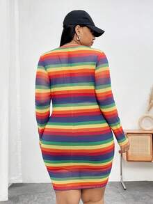SHEIN CURVE+ Plus Size Rainbow Striped Semi-Sheer Dress - Multicolor - View 2