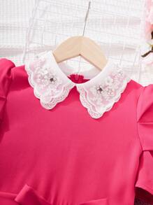 SHEIN Rochie pentru fete Tween, vintage, cu model de desene animate, broderie cu flori, cu guler răsturnat, cu mâneci bufante