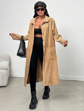 Veste À La Mode Pour Femmes, Couleur Unie, Fermeture À Boutons, Double Poche