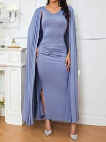 SHEIN Belle Solid Color Cape Sleeve Side Slit Bridesmaid Dress - Champagne - View 4