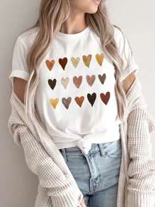 女裝休閒漸變心形圖案印花短袖t恤 - 白色 - 查看 1