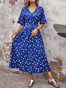 SHEIN LUNE 女性波點印花長夏季連衣裙,適用於工作 - 藍色 - 查看 1